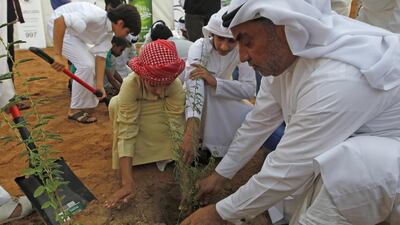 Orphans plant ghaf trees at the heritage village in Al Shindagha to commemorate Zayed Humanitarian Day. Jeffrey E Biteng / The National