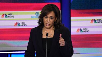 US Senator for California Kamala Harris speaks during the second Democratic primary debate of the 2020 presidential campaign season at the Adrienne Arsht Center for the Performing Arts in Miami, Florida. AFP