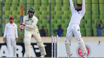 West Indies' Denesh Ramdin makes an unsuccessful appeal for Bangladesh batsman Shakib Al Hasan's wicket