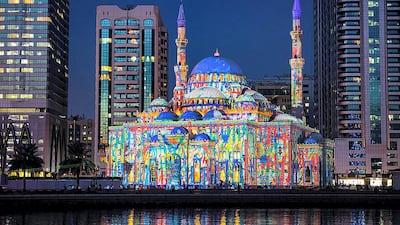 Al Noor Mosque lit up for the Sharjah Light Festival 2019. Courtesy Sharjah Light Festival