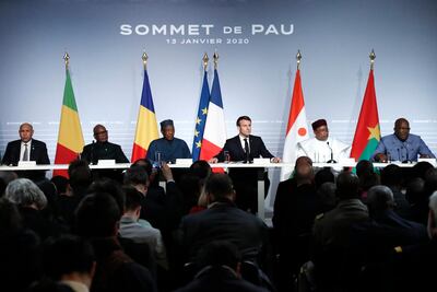 The leaders of France, Mali, Burkina Faso, Niger, Mauritania and Chad attend a news conference following their G5 Sahel summit in Pau, southwestern France. AP Photo