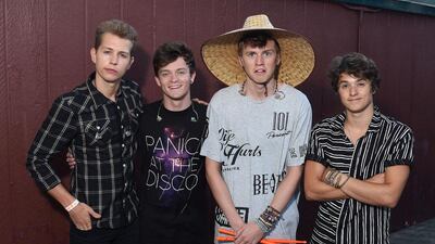 From left, James McVey, Connor Ball, Tristan Evans and Bradley Simpson of The Vamps. Photo by C Flanigan / Getty Images