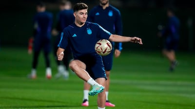 Argentina's Julian Alvarez during training. AP