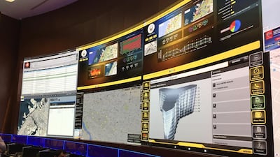Dubai Civil Defence control room is equipped with screens that show live feeds and data from buildings. Ramola Talwar / The National