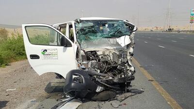 One person was seriously injured when a minibus and lorry collided on Emirates Road on Sunday. Courtesy Dubai Police