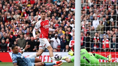 Aston Villa's Emiliano Martinez saves from Arsenal's Kai Havertz. Reuters