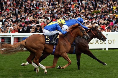 Daniel Tudhope riding Dream of Dreams, No 5, battles with James Doyle riding Blue Point in the Diamond Jubilee Stakes. Bryn Lennon / Getty Images