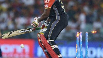 Royal Challengers Bangalore Chris Gayle is bowled during the 2016 Indian Premier League (IPL) Twenty20 (T20) cricket match between Delhi Daredevils and Royal Challengers Bangalore at Shaheed Veer Narayan Singh International Cricket Stadium in Raipur on May 22, 2016. Noah Seelam / AFP