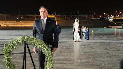 Brazilian President Jair Bolsonaro visited Wahat Al Karama, which commemorates the sacrifices and heroic deeds of UAE martyrs. He was welcomed by Sheikh Khalifa bin Tahnoun Al Nahyan, Executive Director of the Martyrs' Families' Affairs Office at the Abu Dhabi Crown Prince's Court. Wam