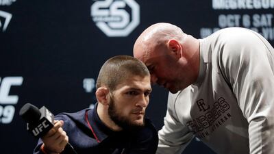 Khabib Nurmagomedov, left, with UFC president Dana White. Nurmagomedov defends his UFC lightweight title against Dustin Poirier at UFC 242 in Abu Dhabi on Saturday. Getty