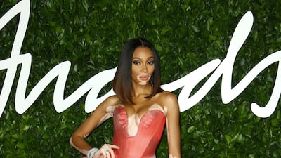 Winnie Harlow in Andreas Kronthaler for Vivienne Westwood arrives at the 2019 British Fashion Awards in London on December 2, 2019. AP