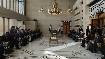 Syria's President Ahmad Al Shara meets representatives of the 15 members of the United Nations Security Council at the People's Palace in Damascus. Reuters
