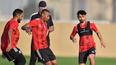 The UAE national team train at Al Wasl’s Zabeel Stadium in Dubai ahead of their friendly against Iraq on January 12. No 23 – Salem Rashid (defender), No 5 – Ali Salmeen (midfielder) Courtesy UAE FA