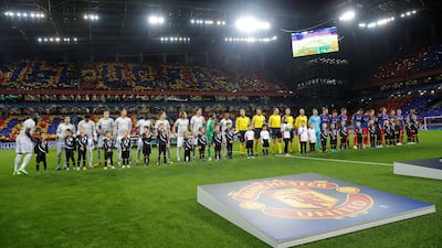 CSKA Moscow and Manchester United players line up before the match. Maxim Shemetov / Reuters