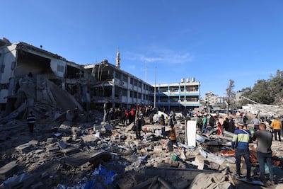 The remains of an UNRWA school housing displaced people after an Israeli strike in the Bureij refugee camp on Wednesday. AFP