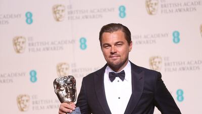 Actor Leonardo DiCaprio with his Best Actor award for his role in the film 'The Revenant' backstage at the BAFTA 2016 film awards at the Royal Opera House in London. Joel Ryan /Invision / AP