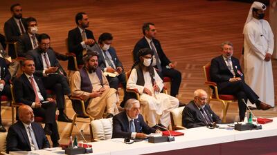 Abdullah Abdullah, centre, chairman of Afghanistan's High Council for National Reconciliation, speaks the opening session of the peace talks between the Afghan government and the Taliban in the Qatari capital Doha. AFP