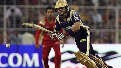 Brad Hodge, the Kolkata Knight Riders opener, tucks a shot of his legs to mid-wicket on his way to a half-century yesterday.