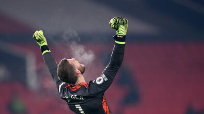 Manchester United's goalkeeper David de Gea celebrates the winning goal. AP