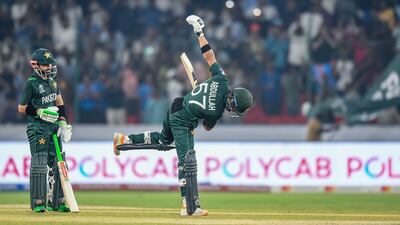 Pakistan's Abdullah Shafique celebrates after reaching his century. AFP