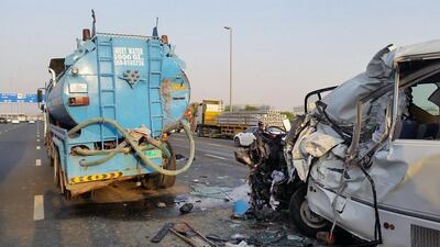 One man died in a crash involving a bus and a lorry on Sheikh Mohammed bin Zayed Road towards Sharjah, near Dubai Sports City. Courtesy Dubai Police