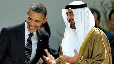 Sheikh Mohammed Bin Zayed Al Nahyan shares a joke with Barack Obama before the nuclear security summit in Seoul.
