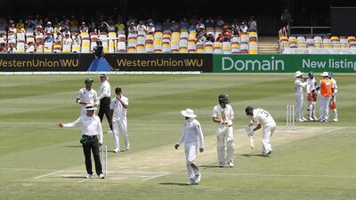 Umpire Richard Kettleborough signals a front foot no ball denying Naseem Shah the wicket of David Warner. Getty