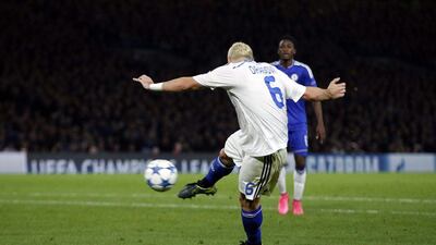 Aleksandar Dragovic of Dynamo Kiev scores an equaliser against Chelsea on Wedneday night at Stamford Bridge in the Champions League. Andrew Coulridge / Action Images / Reuters