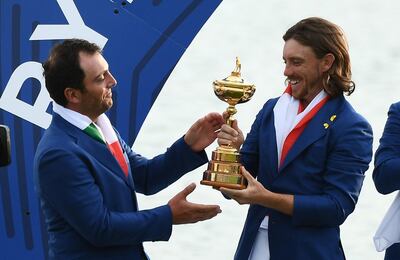 Francesco Molinari and Tommy Fleetywood after winning the Ryder Cup. AFP