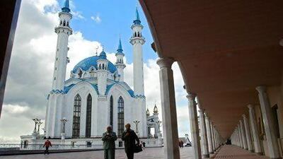 Visitors walk near the Qol Sharif mosque in Kazan, the capital of Tatarstan. Flydubai added the Russian city to its roster last month.