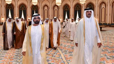 Sheikh Mohammed bin Rashid and a delegation of Supreme Council members, rulers, sheikhs and senior officials offer condolences to Sheikh Tamim bin Hamad Al Thani at Al Wajba Palace. Wam