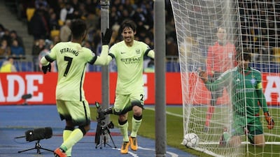 Football Soccer - Dynamo Kiev v Manchester City - UEFA Champions League Round of 16 First Leg - NSC Olimpiyskiy Stadium, Kiev, Ukraine - 24/2/16David Silva celebrates scoring the second goal for Manchester City with Raheem SterlingReuters / Valentyn OgirenkoLivepicEDITORIAL USE ONLY.