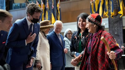Canadian Prime Minister Justin Trudeau greets indigenous leaders as Prince Charles and Camilla, Duchess of Cornwall, are welcomed. AP