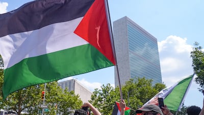 Pro-Palestine activists hold a rally outside the Permanent Mission of Egypt to the UN in July. Getty Images