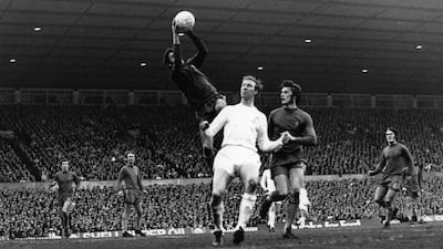 Chelsea goalkeeper Peter Bonetti leaps to grab the ball from Jack Charlton of Leeds United during the FA Cup final replay at Old Trafford. Getty