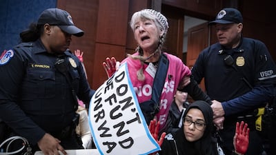 Capitol Police officers remove a demonstrator during a House Foreign Affairs subcommittee hearing in Washington. Bloomberg