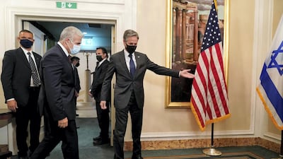 US Secretary of State Antony Blinken welcomes Israeli Foreign Minister Yair Lapid for their meeting in Rome. Italy