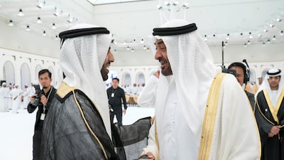 Sheikh Mohammed bin Zayed congratulates Sheikh Mohamed bin Saud, Crown Prince and Deputy Ruler of Ras Al Khaimah. Mohamed Al Hammadi / Crown Prince Court - Abu Dhabi
