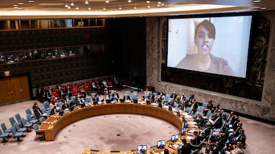 Elman Peace and Human Rights Centre's Chief Operating Officer Ilwad Elman speaks during a meeting of the UN Security Council on Thursday. Reuters