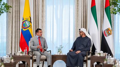 Sheikh Mohamed and Mr Noboa met to discuss strengthening bilateral co-operation in the fields of economy, trade, renewable energy, sustainability, investment, tourism and agriculture. Hamad Al Kaabi / UAE Presidential Court