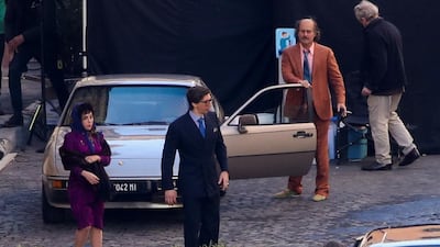 Actors Lady Gaga, Adam Driver, and Jared Leto are seen on the set of 'House of Gucci' while filming in Rome, Italy, April 8, 2021. Reuters