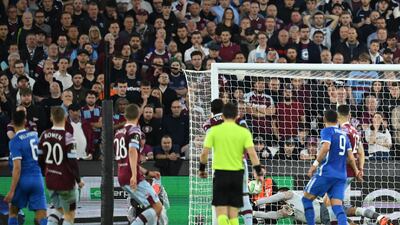 AZ Alkmaar's Dutch midfielder Tijjani Reijnders watches as his shot beats West Ham United's French goalkeeper Alphonse Areola. AFP