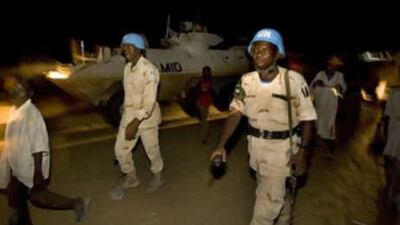 Unamid (United Nations-African Union peacekeeping mission in Darfur) forces on a night patrol in Otach IDP camp in South Darfur.