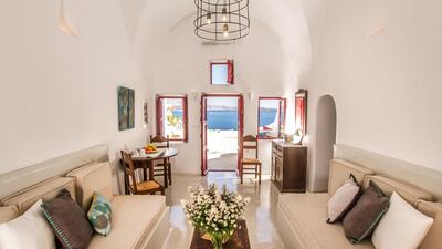 The one-bedroom home in Santorini, Greece, can house five guests. The next available dates are in October 2019, when it costs Dh3,207 for a minimum stay of two nights for two guests, or Dh4,930 for five people.