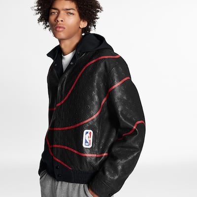A leather jacket etched with the lines of a basketball, as part of the LV x NBA capsule collection, launching November 2020. Courtesy Vuitton