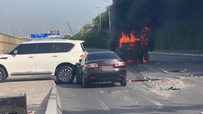 The Nissan Patrol was gutted by the blaze. Courtesy: Abu Dhabi Police