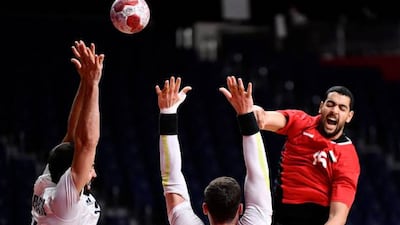 Egypt's left-back Ahmed Mohamed shoots.