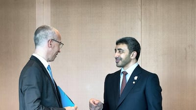 Sheikh Abdullah bin Zayed, Minister of Foreign Affairs and International Co-operation, right, speaks with a German delegate prior a meeting with Angela Merkel, in June 2019. Courtesy Ministry of Presidential Affairs