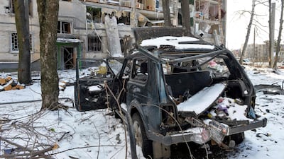 A residential building heavily damaged by a Russian rocket in Ukraine's second city of Kharkiv, on Sunday. AFP