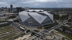 ATLANTA, GA - MARCH 29: An aerial view of the Atlanta Stadium ahead of the FIFA World Cup 2026 on March 29, 2026 in Atlanta, Georgia. Omar Vega / Getty Images / AFP (Photo by Omar Vega / GETTY IMAGES NORTH AMERICA / Getty Images via AFP)